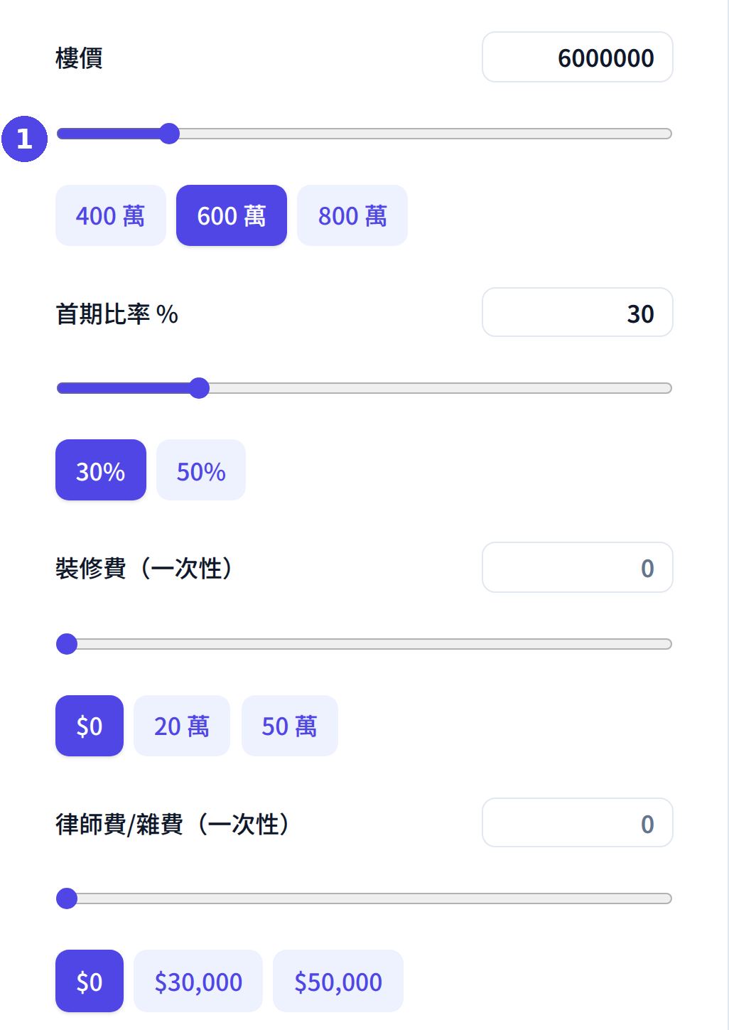 供樓 vs 租樓比較計算機：輸入樓價、首期比率及一次性費用