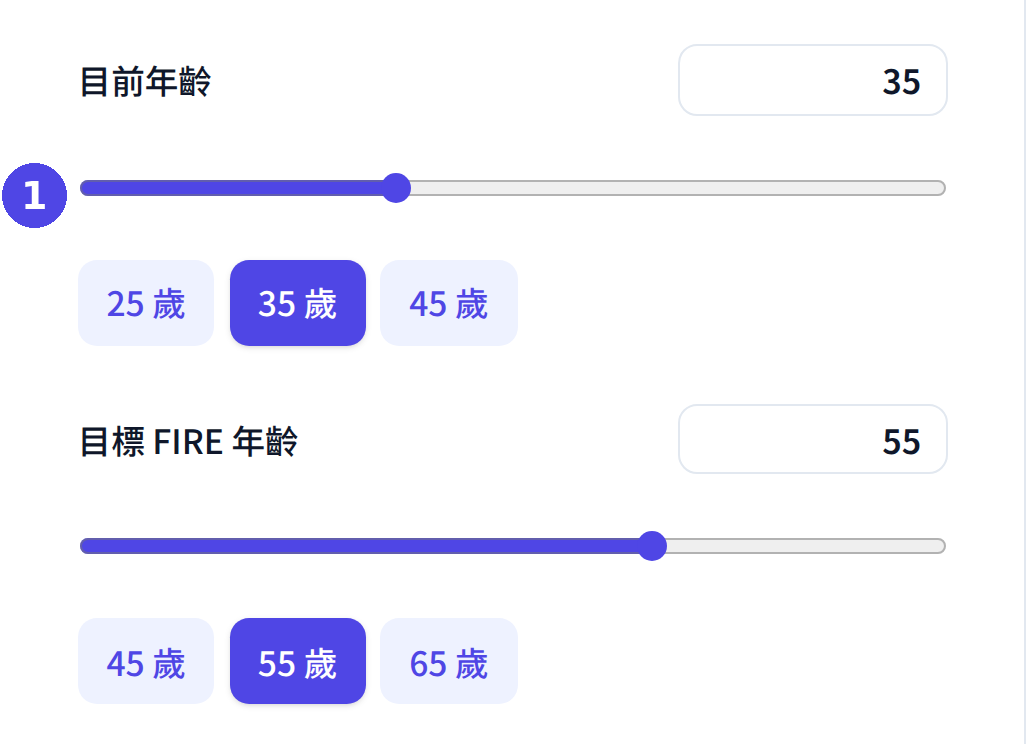 FIRE 財務自由計算機：輸入目前年齡及目標 FIRE 年齡
