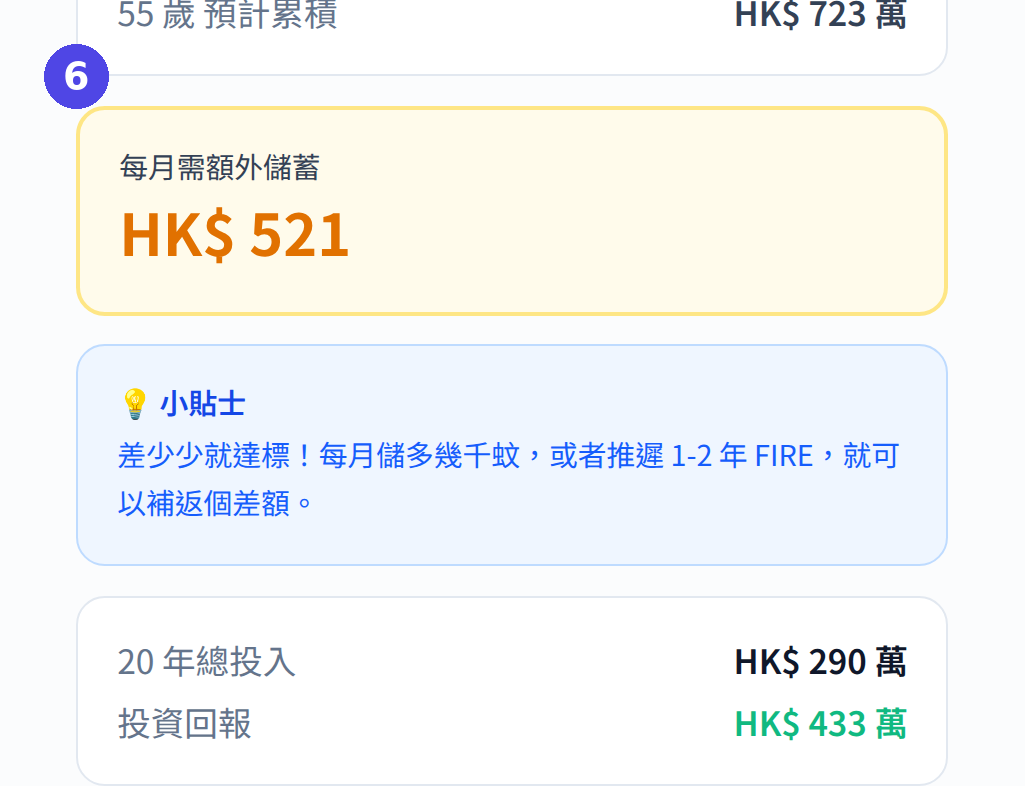 FIRE 財務自由計算機：未達標時查看建議