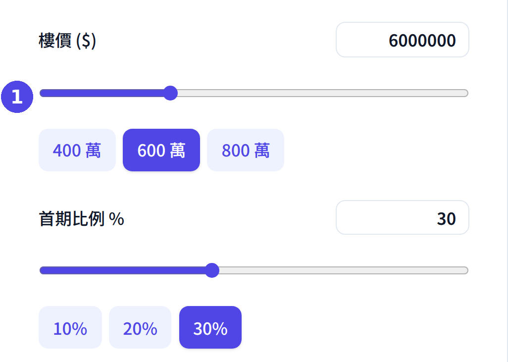 按揭計算機物業資料輸入區：樓價及首期比例