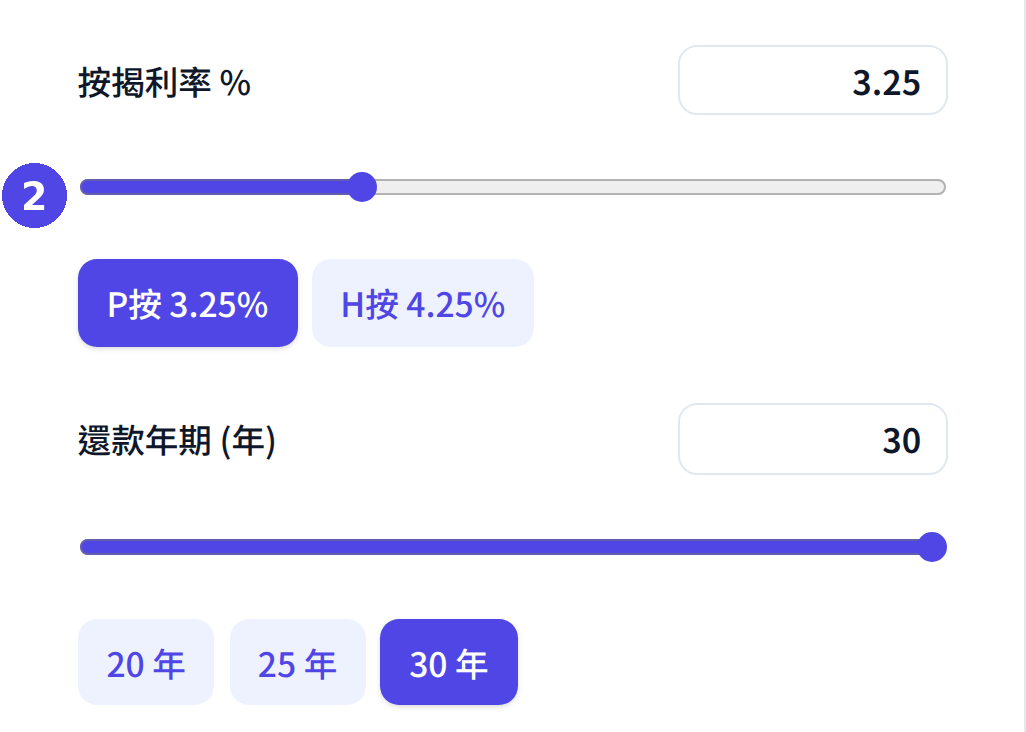 按揭計算機按揭資料輸入區：按揭利率及還款年期