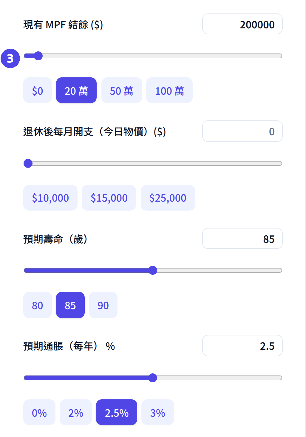 MPF 計算機：輸入現有結餘及退休後開支