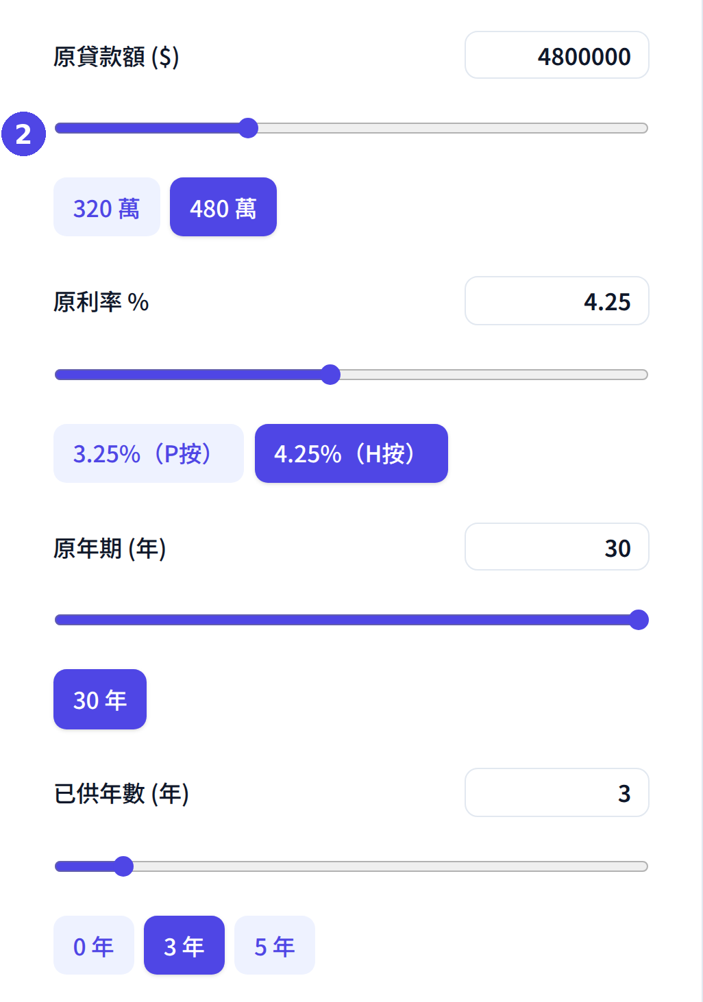 轉按計算機:輸入原貸款額、原利率、原年期及已供年數